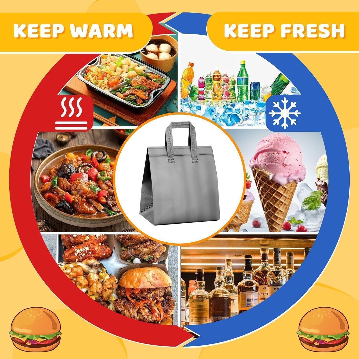 Produttore Sacchetti Termici Isolanti Monouso All'ingrosso 200 Pezzi 26x28x17 cm Grigio per Cibo Caldo Freddo Surgelato Asporto Consegne con Logo Personalizzato Marchio Bianco