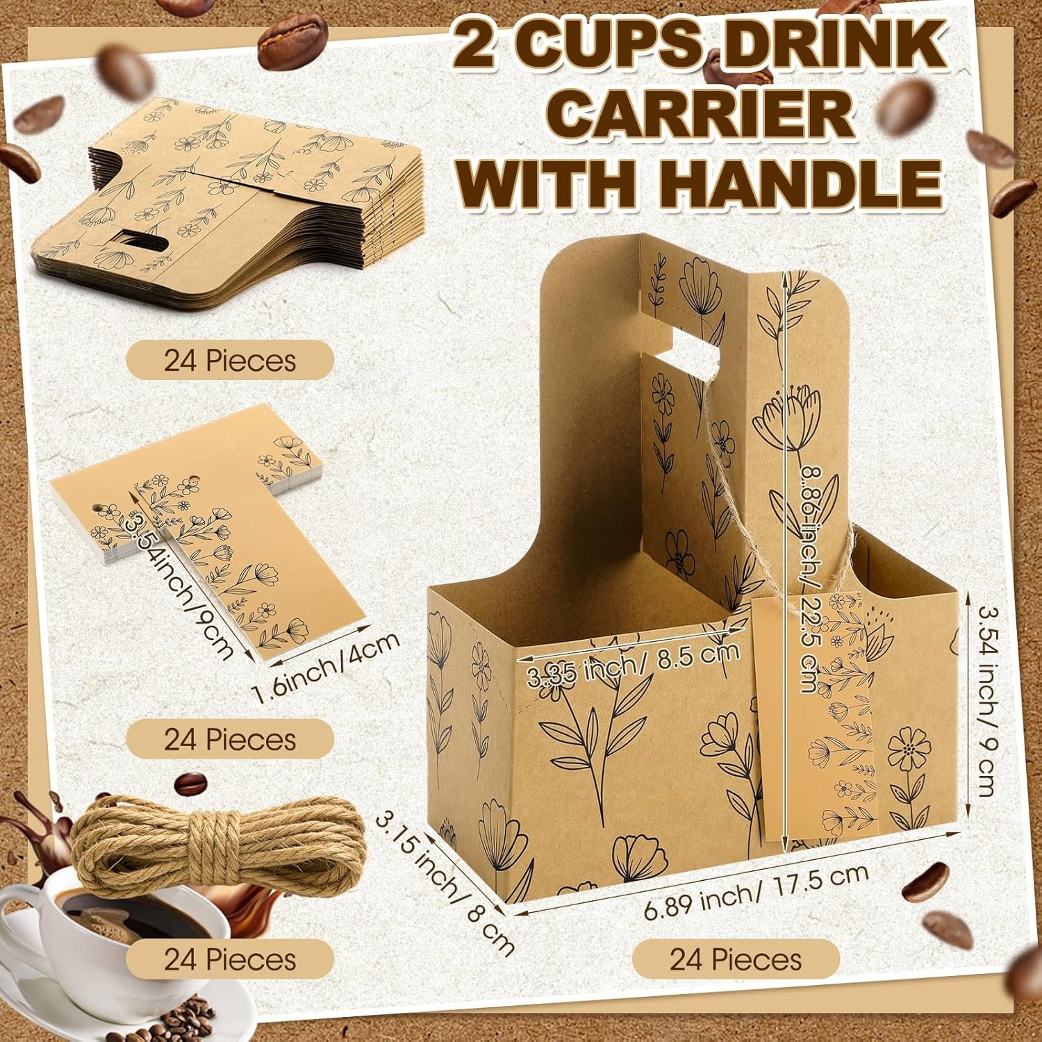 Marchio Bianco Portabevande per 2 Tazze con Maniglia Carta Kraft Confezione da 24 con Biglietti di Auguri e Spago Logo Personalizzato Usa e Getta Portatile per Bevande Calde Fredde Cibo da Asporto Fornitore (Wildflower)