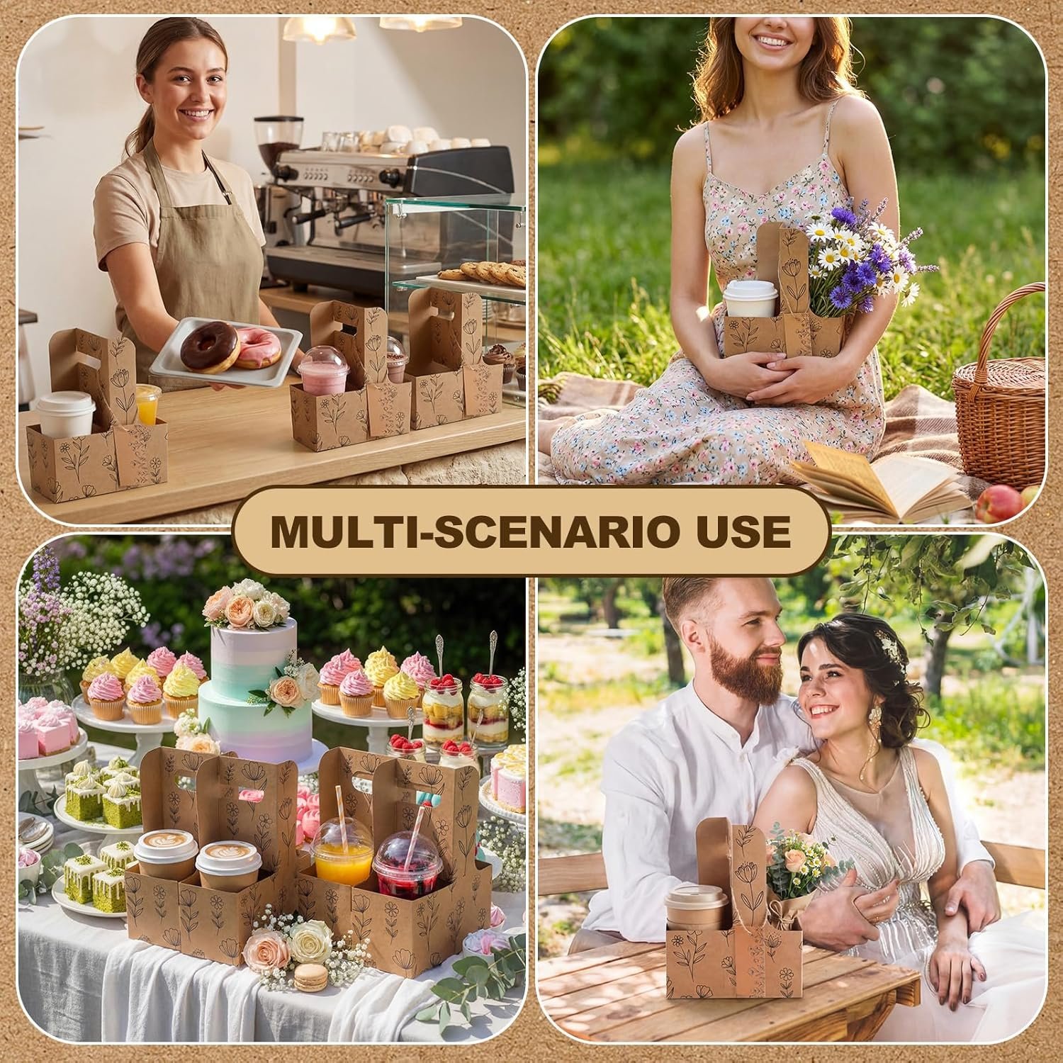 Marchio Bianco Portabevande per 2 Tazze con Maniglia Carta Kraft Confezione da 24 con Biglietti di Auguri e Spago Logo Personalizzato Usa e Getta Portatile per Bevande Calde Fredde Cibo da Asporto Fornitore (Wildflower)