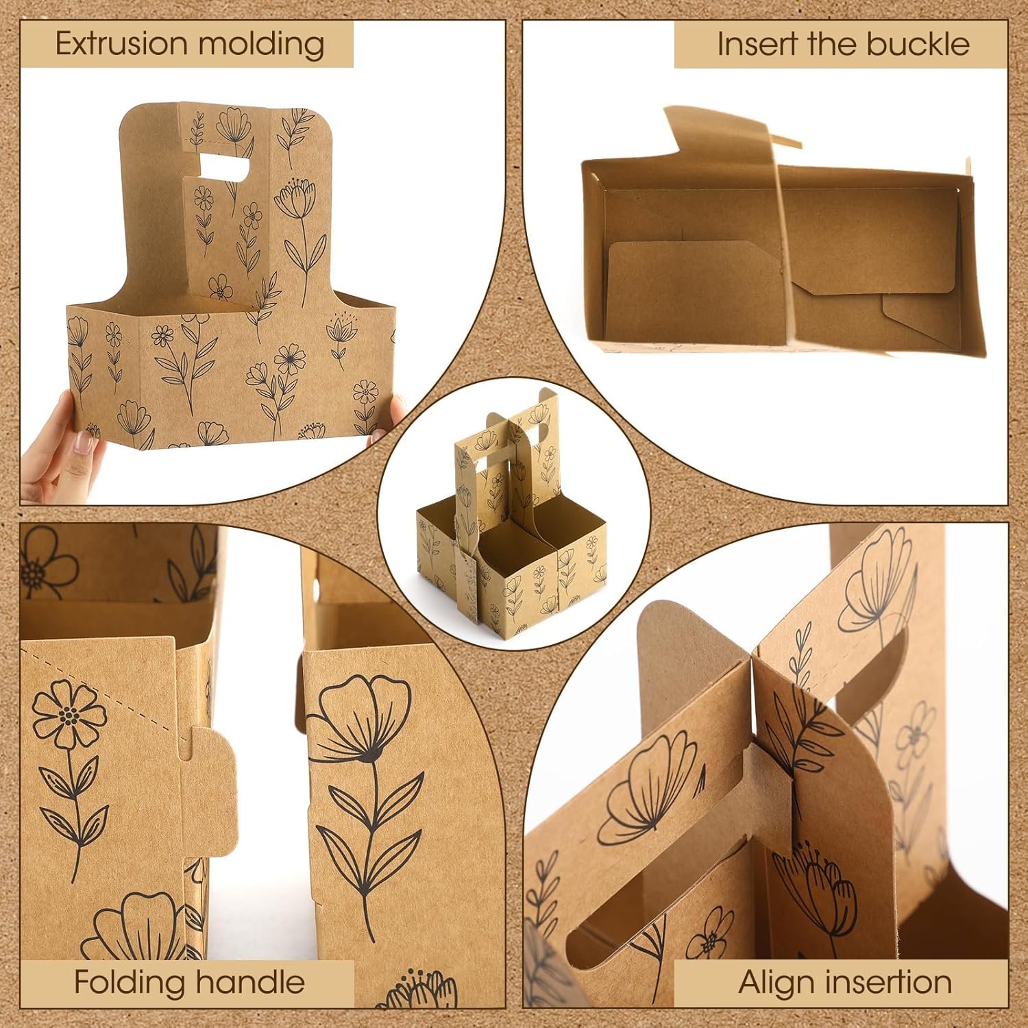 Marchio Bianco Portabevande per 2 Tazze con Maniglia Carta Kraft Confezione da 24 con Biglietti di Auguri e Spago Logo Personalizzato Usa e Getta Portatile per Bevande Calde Fredde Cibo da Asporto Fornitore (Wildflower)