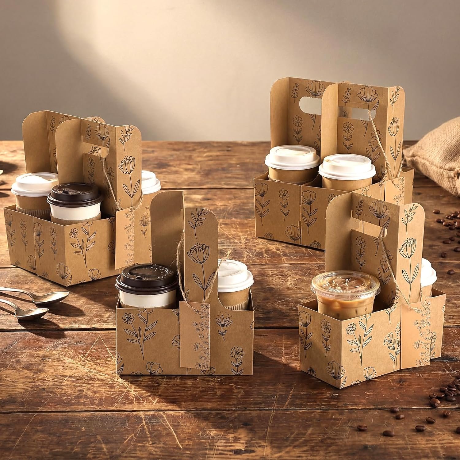 Marchio Bianco Portabevande per 2 Tazze con Maniglia Carta Kraft Confezione da 24 con Biglietti di Auguri e Spago Logo Personalizzato Usa e Getta Portatile per Bevande Calde Fredde Cibo da Asporto Fornitore (Wildflower)