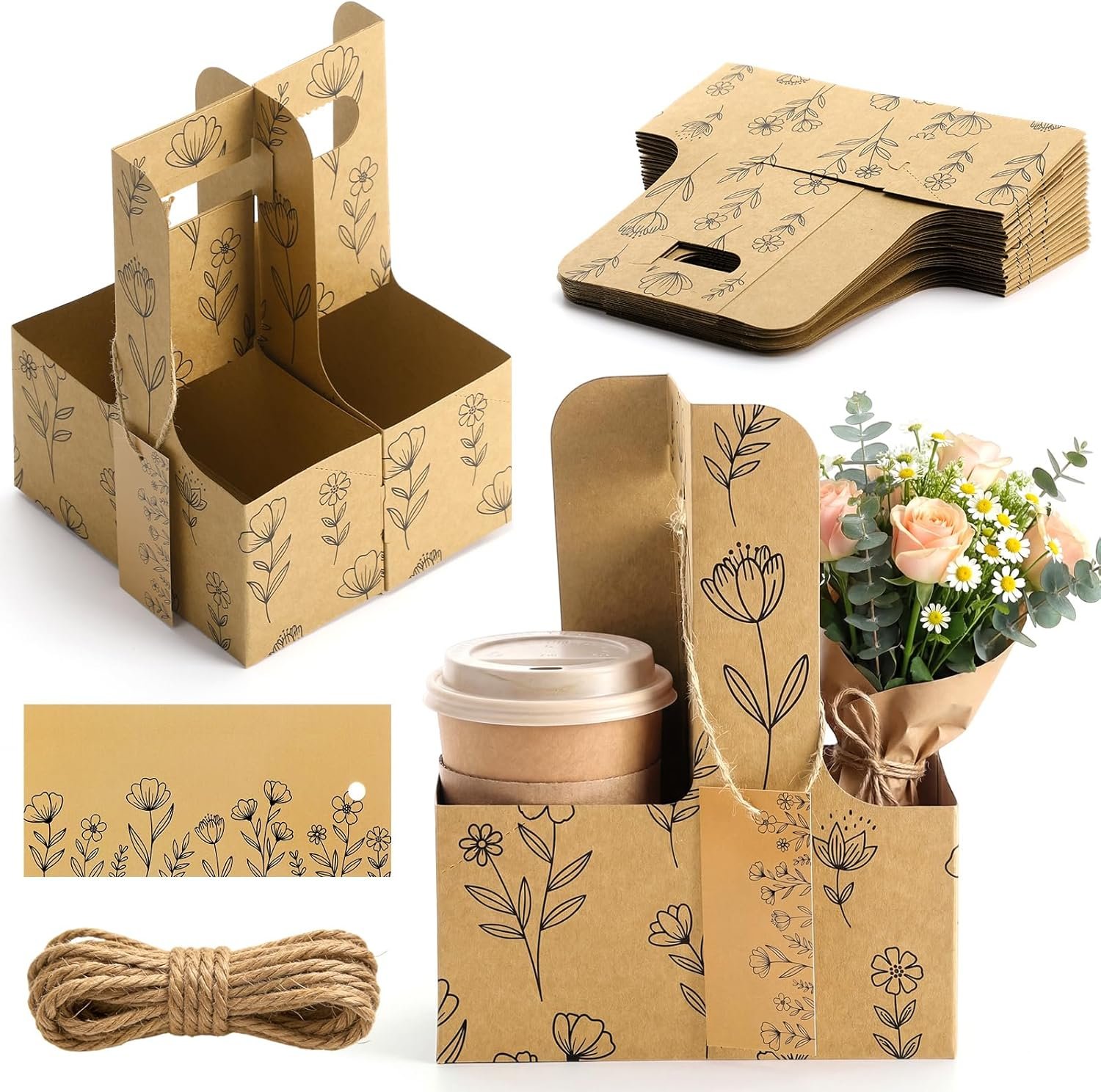 Marchio Bianco Portabevande per 2 Tazze con Maniglia Carta Kraft Confezione da 24 con Biglietti di Auguri e Spago Logo Personalizzato Usa e Getta Portatile per Bevande Calde Fredde Cibo da Asporto Fornitore (Wildflower)