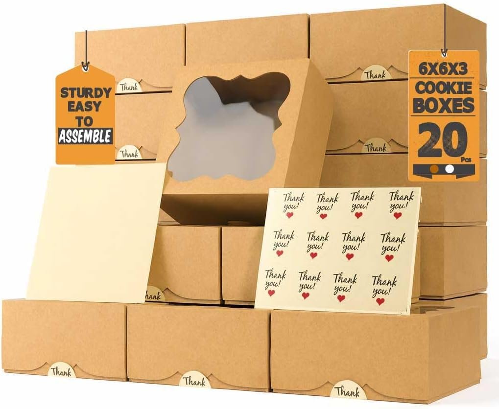 Marchio Bianco Scatole Biscotti per Regali - Confezione 20 Pezzi 6x6x3 Pollici con Finestra Logo Personalizzato Extra Spesse per Dolcetti Fragole Cupcakes Caramelle Charcuterie Pasticceria dal Produttore