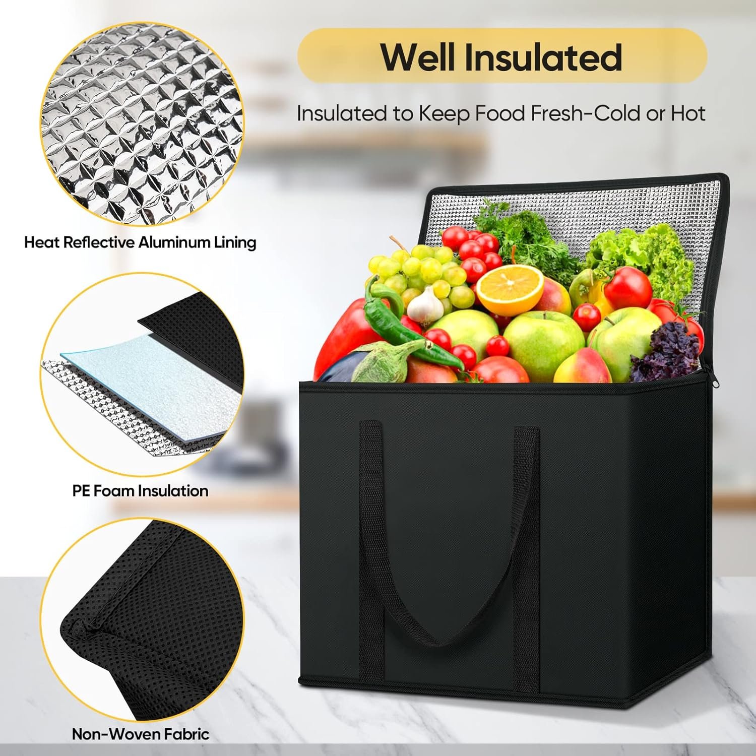 Fabbrica Borse Termiche Isolate Riutilizzabili per la Spesa Collassabili Robuste Grandi 2 Pezzi con Logo Personalizzato (16''x9''x13'', Nero Antracite) Marchio Bianco