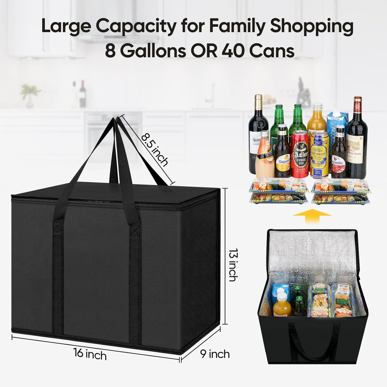 Fabbrica Borse Termiche Isolate Riutilizzabili per la Spesa Collassabili Robuste Grandi 2 Pezzi con Logo Personalizzato (16''x9''x13'', Nero Antracite) Marchio Bianco
