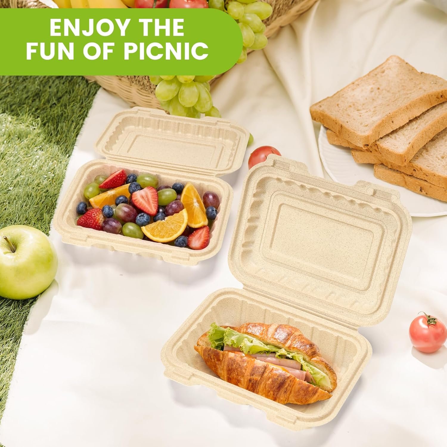 Logo Personalizzato Contenitori per Alimenti a Conchiglia con Coperchi Confezione da 50 26oz Scatole Asporto Monouso dal Produttore in Lolla di Riso Naturale Resistenti per Pasta Insalata Sandwich Adatti Microonde Congelatore Marchio Bianco