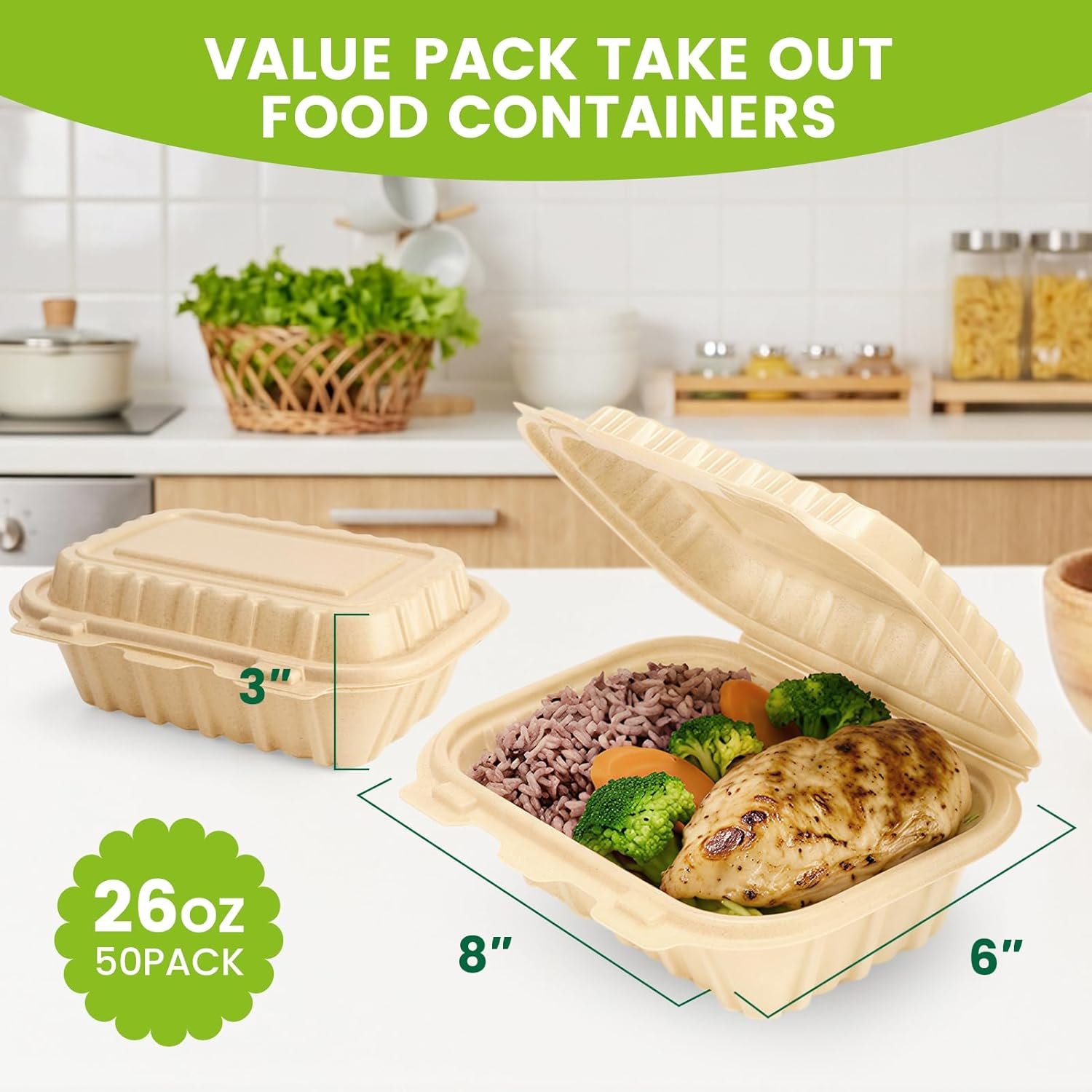 Logo Personalizzato Contenitori per Alimenti a Conchiglia con Coperchi Confezione da 50 26oz Scatole Asporto Monouso dal Produttore in Lolla di Riso Naturale Resistenti per Pasta Insalata Sandwich Adatti Microonde Congelatore Marchio Bianco