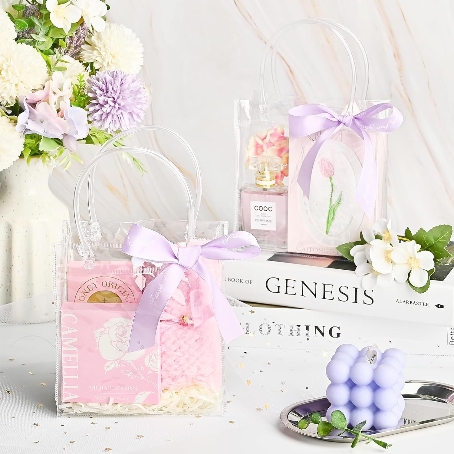 Logo Personalizzato 30 Sacchetti Regalo Trasparenti Plastica con Manici 15x16x7 cm Riutilizzabili Nastro per Matrimoni Compleanni Produttore Marchio Bianco