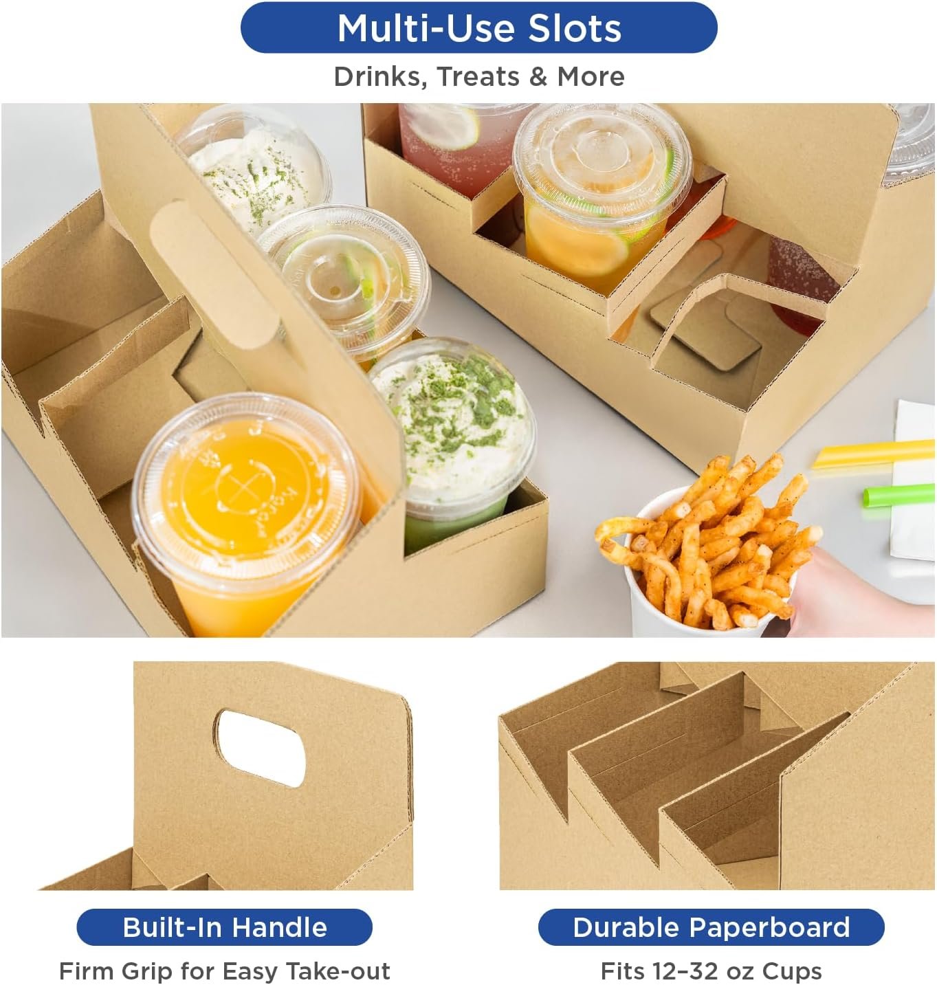 Marchio Bianco Portabevande con Manico 100 pz Cartone Kraft Robusto con Logo Personalizzato per Bicchieri 10-32 oz Calde/Fredde Eco-Sostenibile Monouso (6 Posti) dal Fornitore