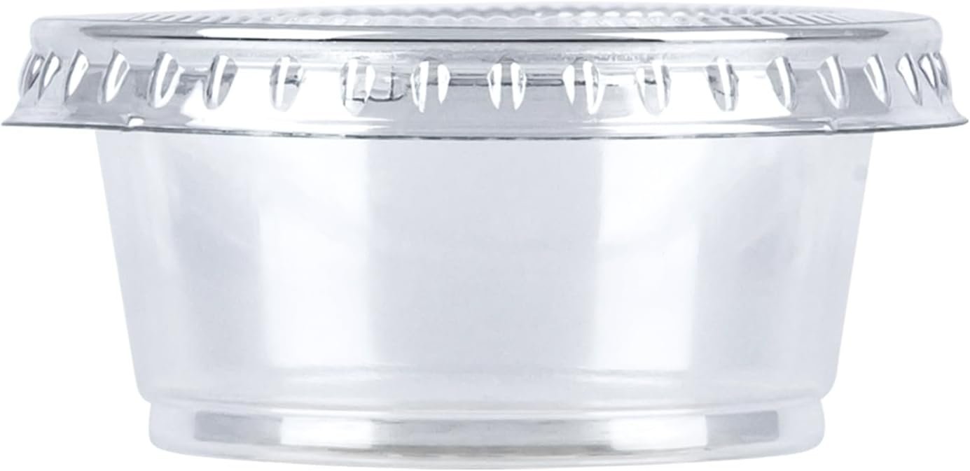 Fornitore bicchieri monouso plastica con coperchi logo personalizzato mini 2oz 50 pezzi senza BPA marchio bianco per condimenti salse dressing insalata jello shots