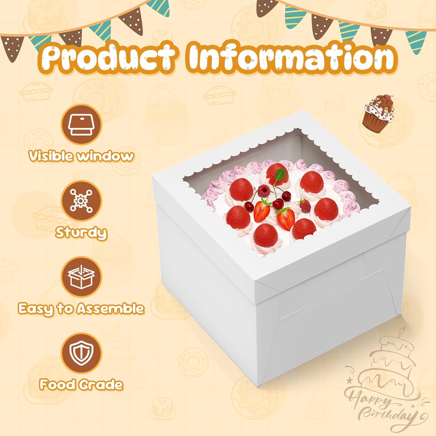 Logo Personalizzato Confezione da 3 Scatole per Torte 10x10x8 Pollici con Finestra e Basi Bianche Quadrate per Pasticceria Biscotti Dessert Marchio Bianco Compleanni Matrimoni Produttore