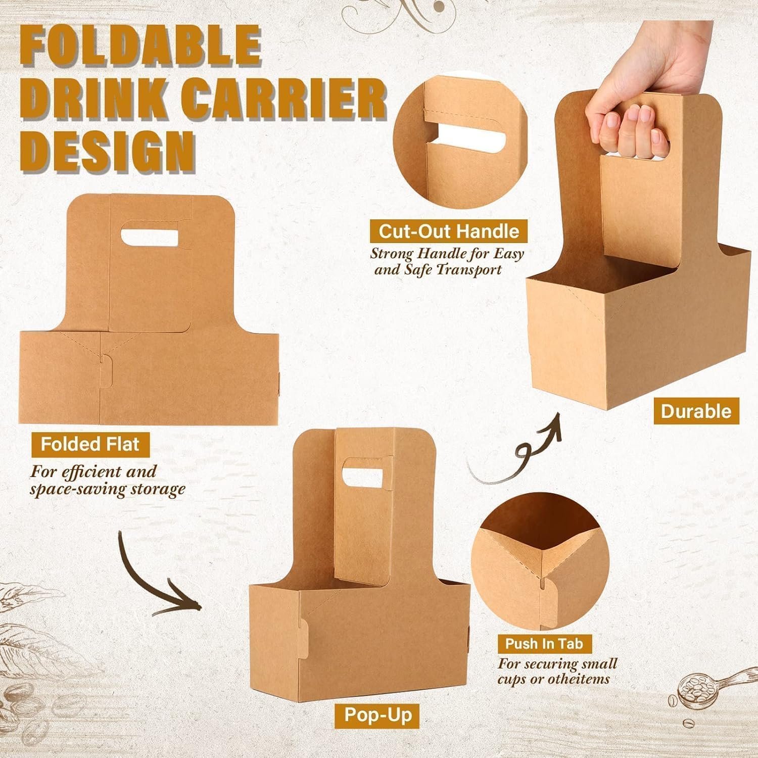 Logo Personalizzato su Portabevande Usa e Getta per 2 Tazze con Maniglia Cartone Kraft Marrone Confezione da 10, Marchio Bianco per Bevande Calde o Fredde Caffè da Asporto Delivery dal Fornitore