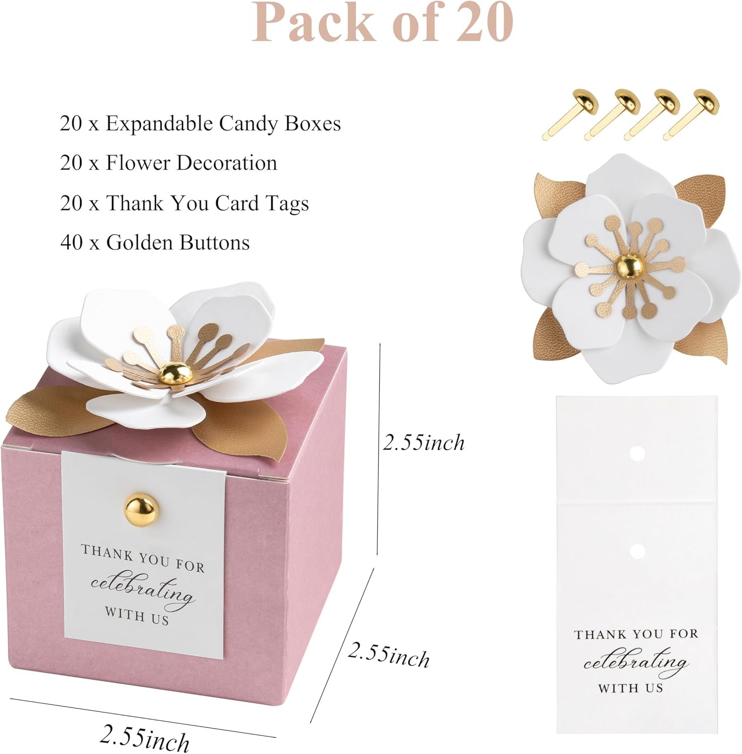 Logo Personalizzato 20 Scatole per Caramelle 3 in 1 Rosa Cipria con Decorazioni Floreali Marchio Bianco Etichette Ringraziamento Bianche per Confezioni Regalo Matrimonio Compleanno Baby Shower Festa Produttore 2,55x2,55x2,55''