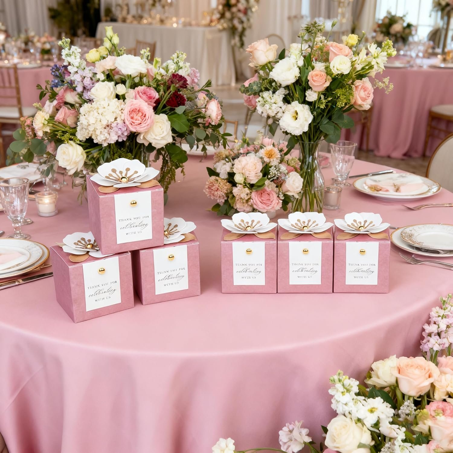 Logo Personalizzato 20 Scatole per Caramelle 3 in 1 Rosa Cipria con Decorazioni Floreali Marchio Bianco Etichette Ringraziamento Bianche per Confezioni Regalo Matrimonio Compleanno Baby Shower Festa Produttore 2,55x2,55x2,55''