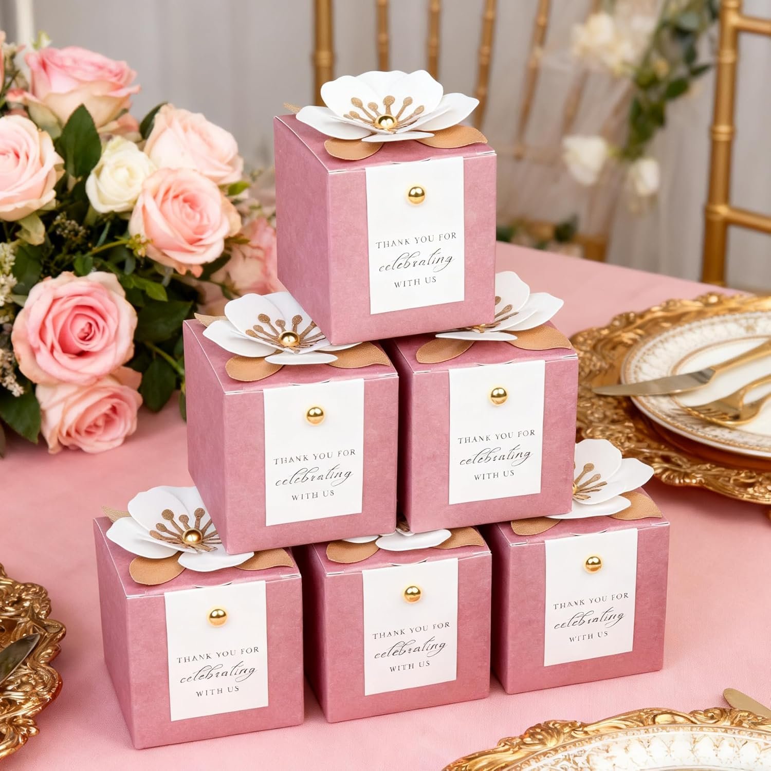 Logo Personalizzato 20 Scatole per Caramelle 3 in 1 Rosa Cipria con Decorazioni Floreali Marchio Bianco Etichette Ringraziamento Bianche per Confezioni Regalo Matrimonio Compleanno Baby Shower Festa Produttore 2,55x2,55x2,55''