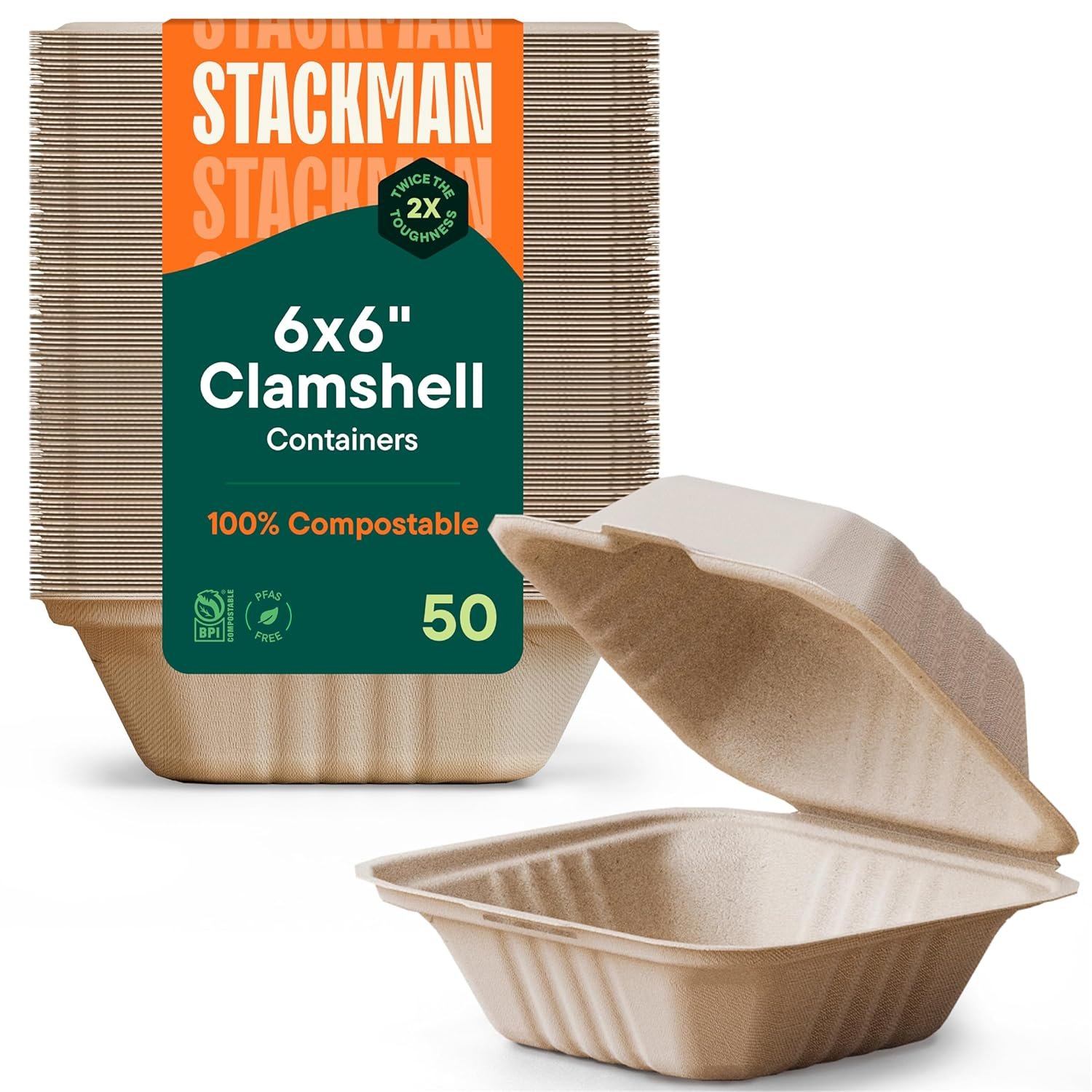 Logo Personalizzato Contenitori a Guscio 100% Compostabili per Alimenti da Asporto [6x6" Confezione 50] Robusti in Bagassa Marchio Bianco Ecologici Biodegradabili da Fibre di Canna da Zucchero Fornitore