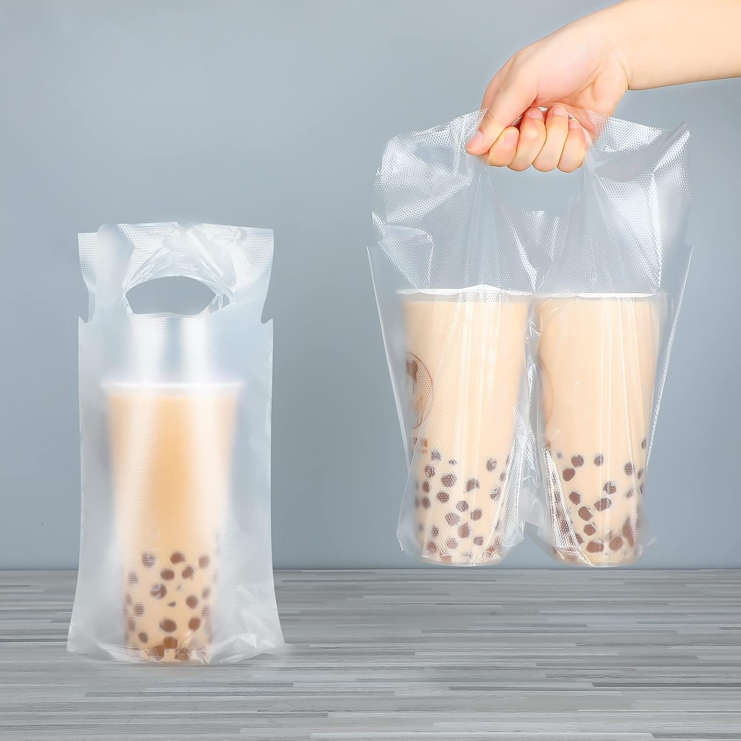 Produttore Sacchetti Trasparenti Porta Bicchieri con Maniglia e Foro per 1 e 2 Bicchieri Plastici Bulk 200 Pezzi con Logo Personalizzato Marchio Bianco 16 x 26 cm 31 x 26 cm