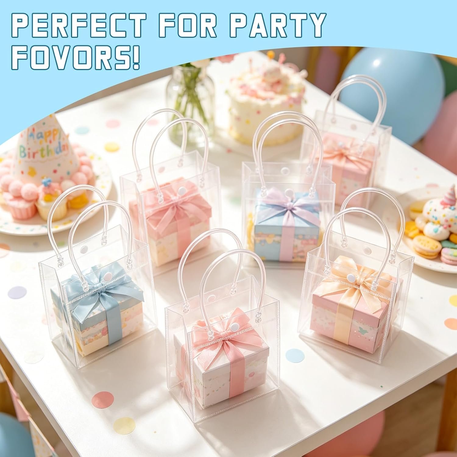 Logo Personalizzato 24 Sacchetti Piccoli Trasparenti con Manici 15 x 16 x 7 cm Marchio Bianco per Bomboniere Matrimonio Baby Shower Compleanno Festa della Mamma Fornitore