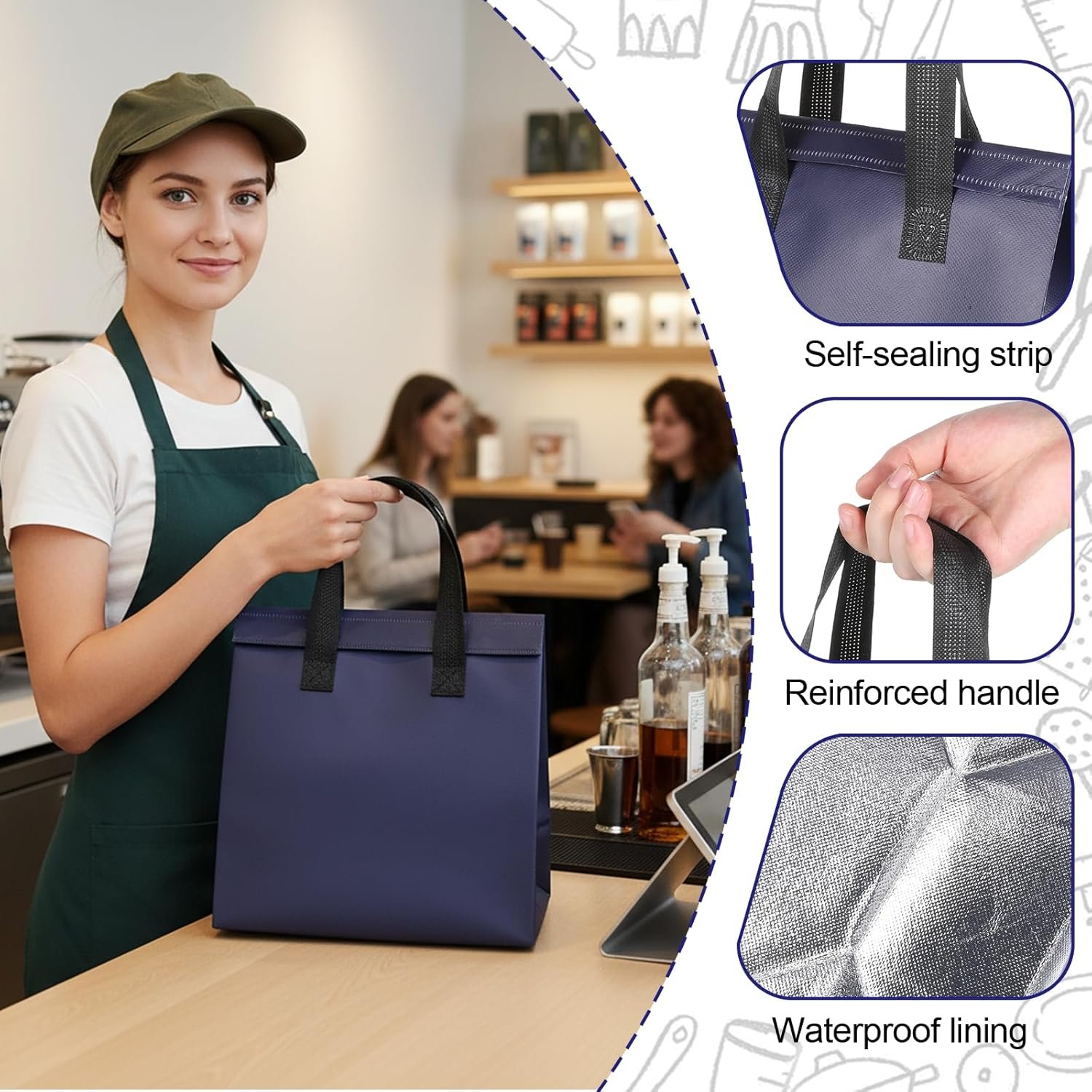 Marchio Bianco Borse Termiche Isolate Monouso da 50 Pz per Asporto Caffè Tè al Latte Cibi Caldi Freddi Surgelati con Logo Personalizzato 24 x 15 x 24 cm Blu Scuro Fornitore