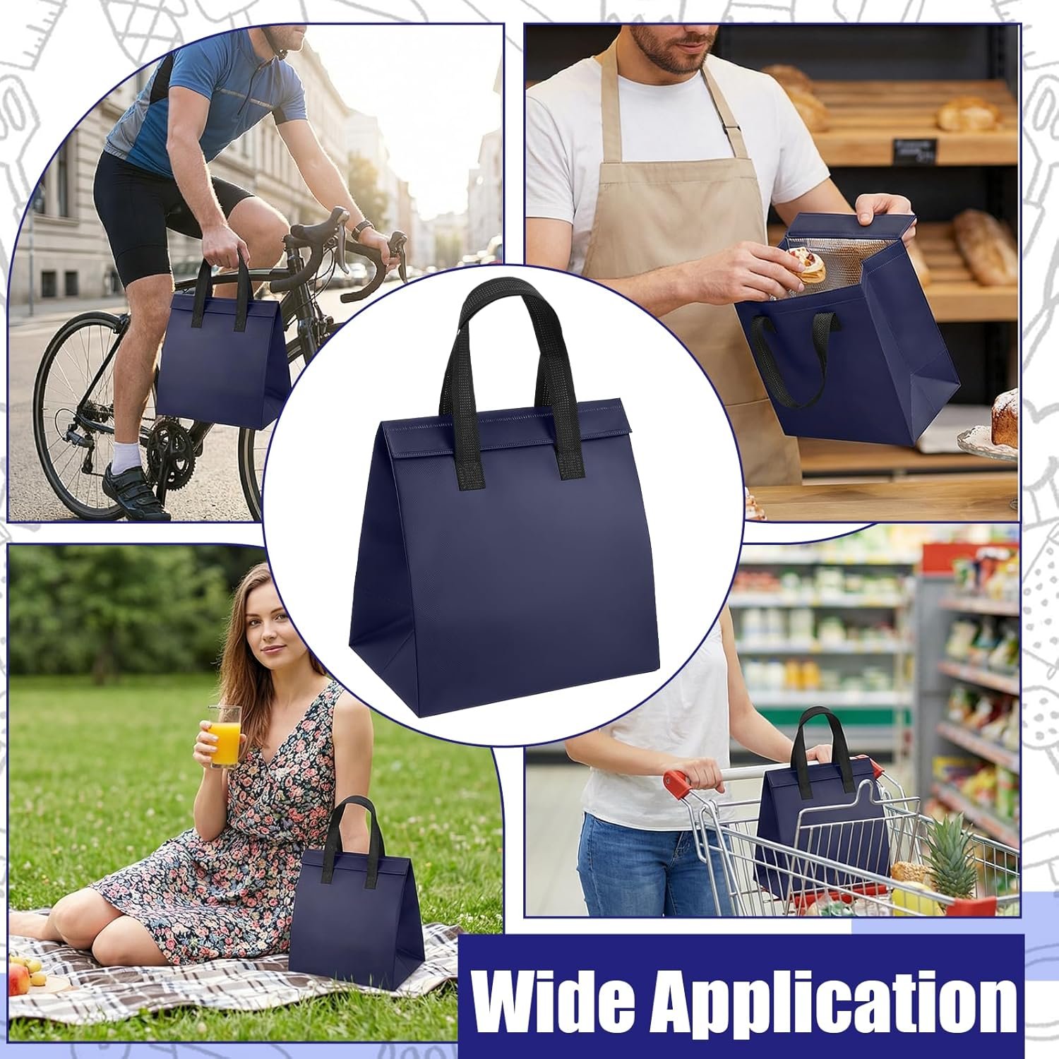 Marchio Bianco Borse Termiche Isolate Monouso da 50 Pz per Asporto Caffè Tè al Latte Cibi Caldi Freddi Surgelati con Logo Personalizzato 24 x 15 x 24 cm Blu Scuro Fornitore