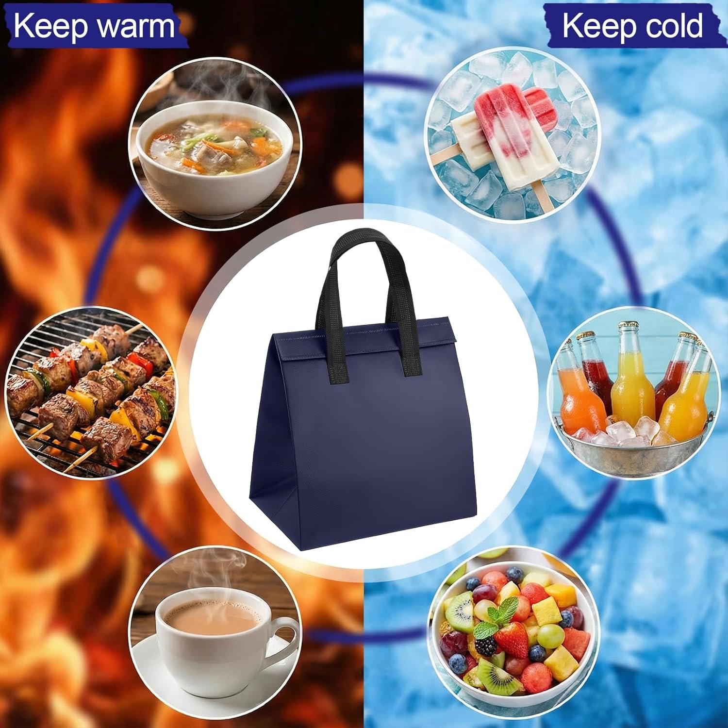 Marchio Bianco Borse Termiche Isolate Monouso da 50 Pz per Asporto Caffè Tè al Latte Cibi Caldi Freddi Surgelati con Logo Personalizzato 24 x 15 x 24 cm Blu Scuro Fornitore