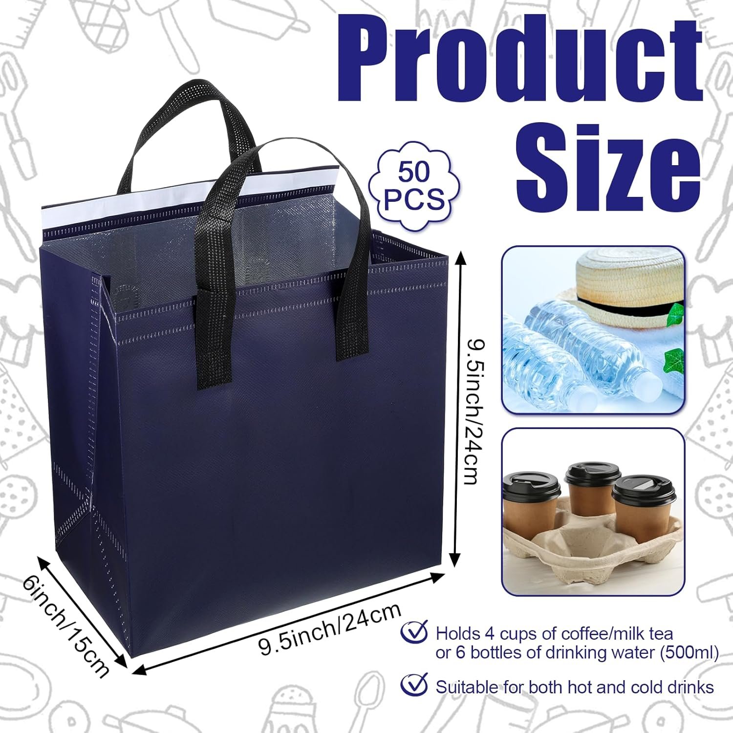 Marchio Bianco Borse Termiche Isolate Monouso da 50 Pz per Asporto Caffè Tè al Latte Cibi Caldi Freddi Surgelati con Logo Personalizzato 24 x 15 x 24 cm Blu Scuro Fornitore