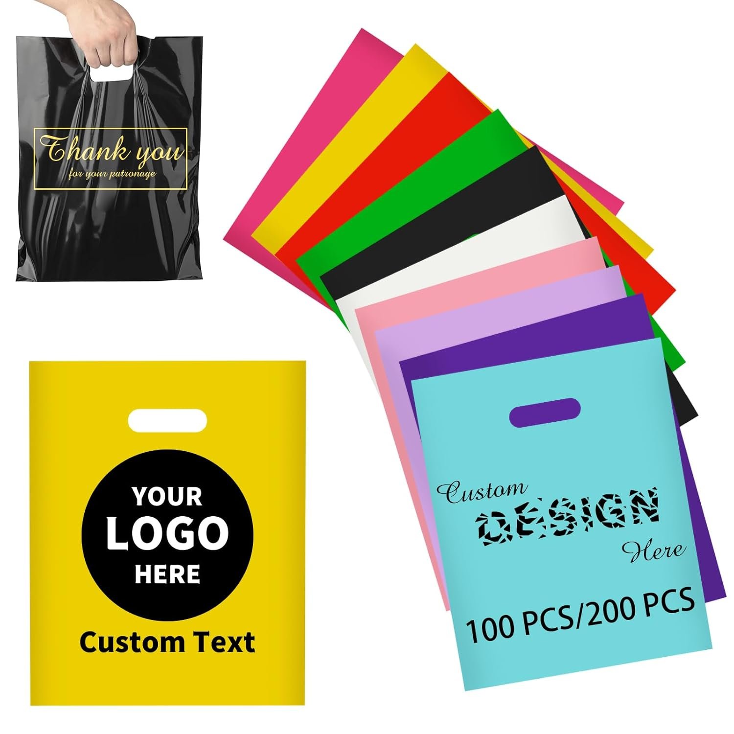 Borse a Marchio Bianco con Logo Personalizzato in Plastica (200) per Piccole Imprese Negozi Abbigliamento Boutique Supermercati Rivenditori Eventi Party dal Produttore