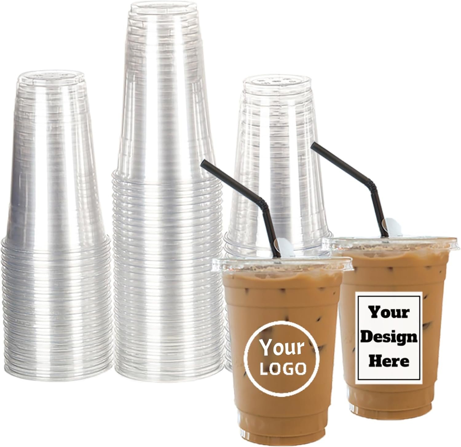 Dalla Fabbrica Bicchieri Plastica Trasparente Monouso con Logo Personalizzato 100-300 pz Adesivi Coperchi Piatti per Feste Matrimoni Caffè Ghiacciato Milkshake Smoothie Bevande Fredde Marchio Bianco (12oz)