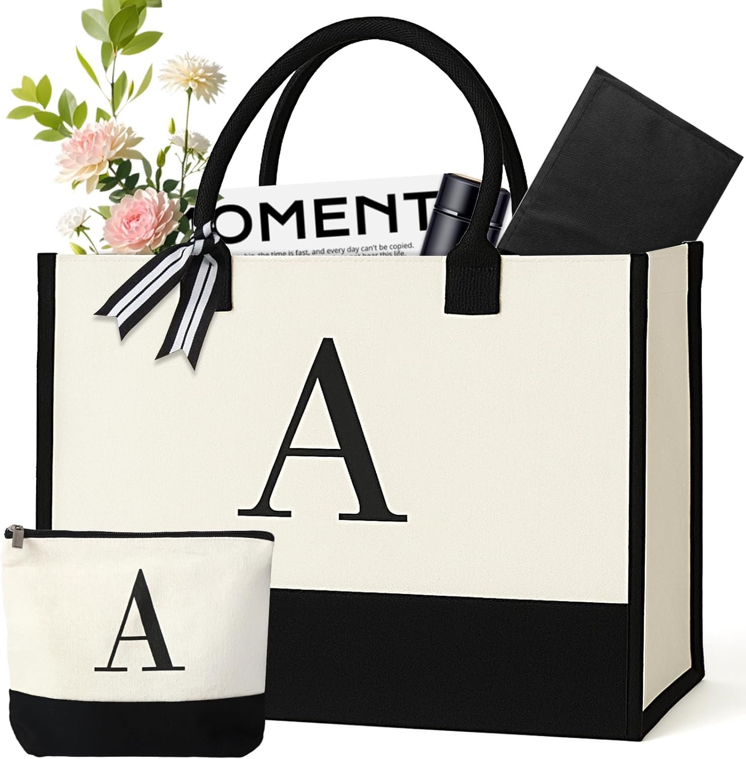 Fornitore Borsa Tote Canvas Personalizzata Donna Portatrucchi Iniziale Spiaggia Fondo Rimovibile Logo Personalizzato Marchio Bianco Viaggio Compleanno