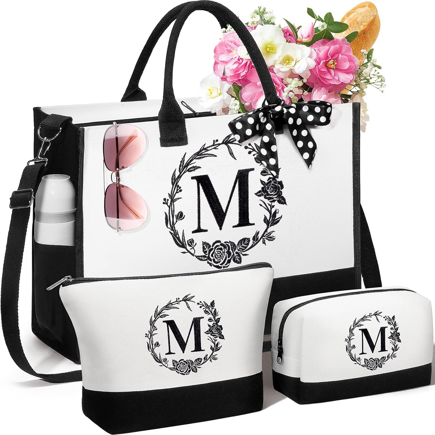 Fornitore Borse Tote Canvas con Iniziali e Borsa Trucco Monogrammata con Cerniera Spiaggia per Donna Regali Pasqua Festa della Mamma Compleanno per Mamme Sorelle Migliori Amiche Insegnanti con Logo Personalizzato Marchio Bianco
