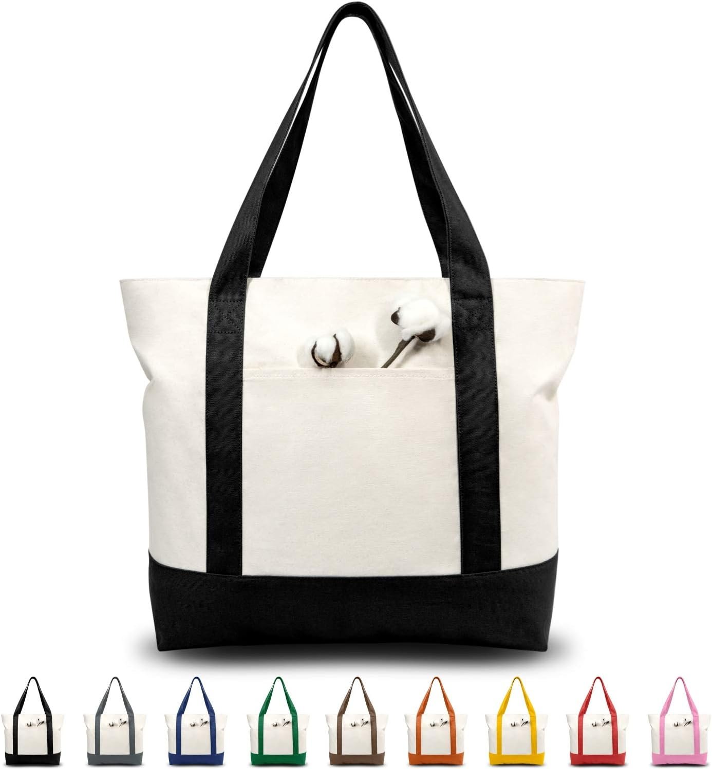 Fornitore Borse Tote in Canvas con Logo Personalizzato | Confezioni 1 | 3 | 6 | 30 con Tasca Esterna | Chiusura Lampo Superiore per Spesa Riutilizzabile ed Essenziali Quotidiani (Nero/Naturale) Marchio Bianco