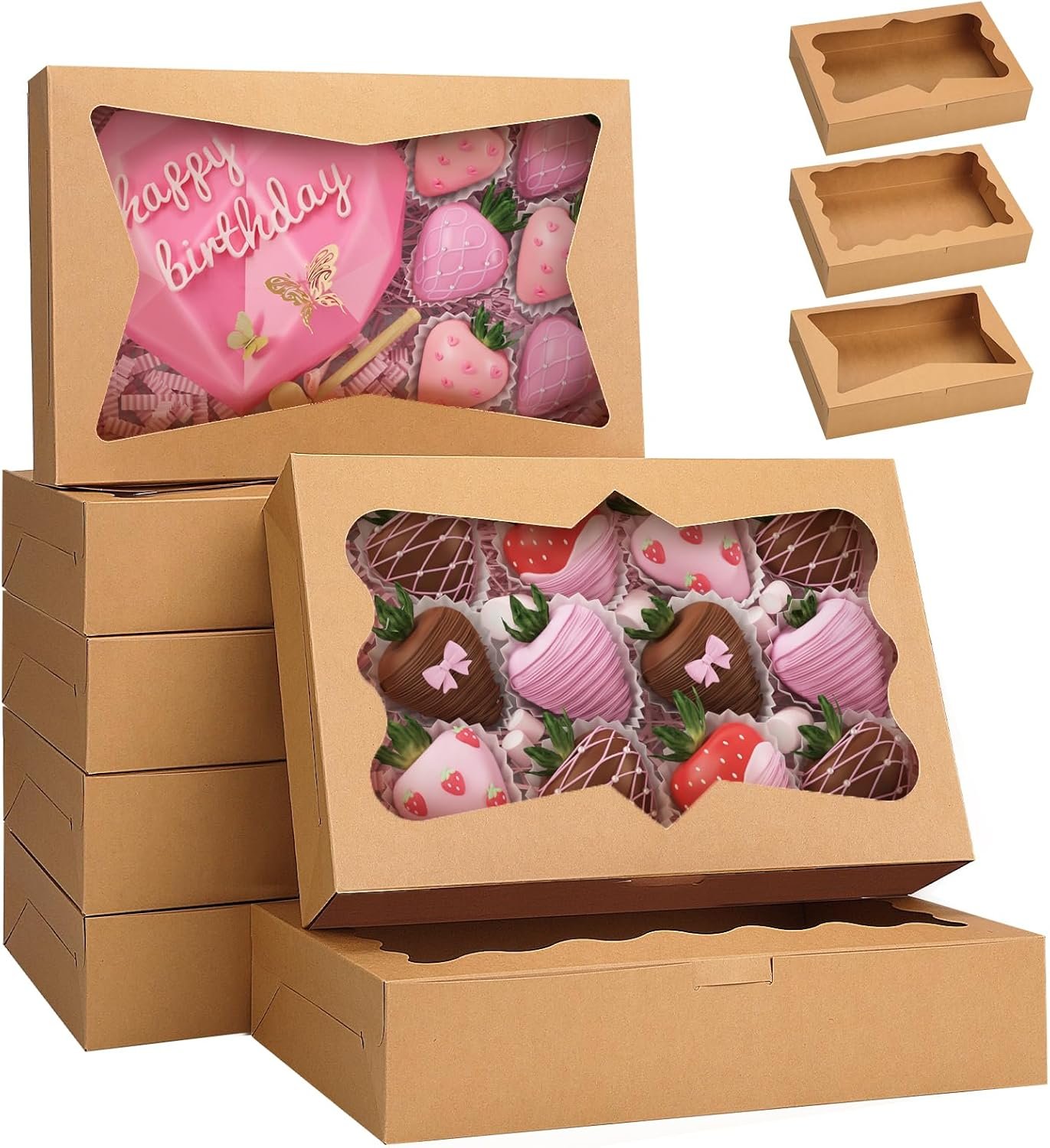 Fornitore Scatole per Biscotti 7 Pezzi 12x8x2.5 Pollici Bianche con Finestra a 3 Stili per Fragole Ricoperte di Cioccolato Donuts Pasticcini con Logo Personalizzato Marchio Bianco