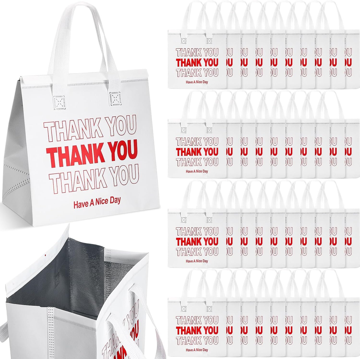 Fornitore con Logo Personalizzato 80 Pz Borse Termiche Isolate Thank You Bulk 24 x 24 x 15 cm per Consegne Cibo Alimenti Caldi Freddi Pizza Caffè Latte Catering Ristorante Picnic Marchio Bianco Bianca
