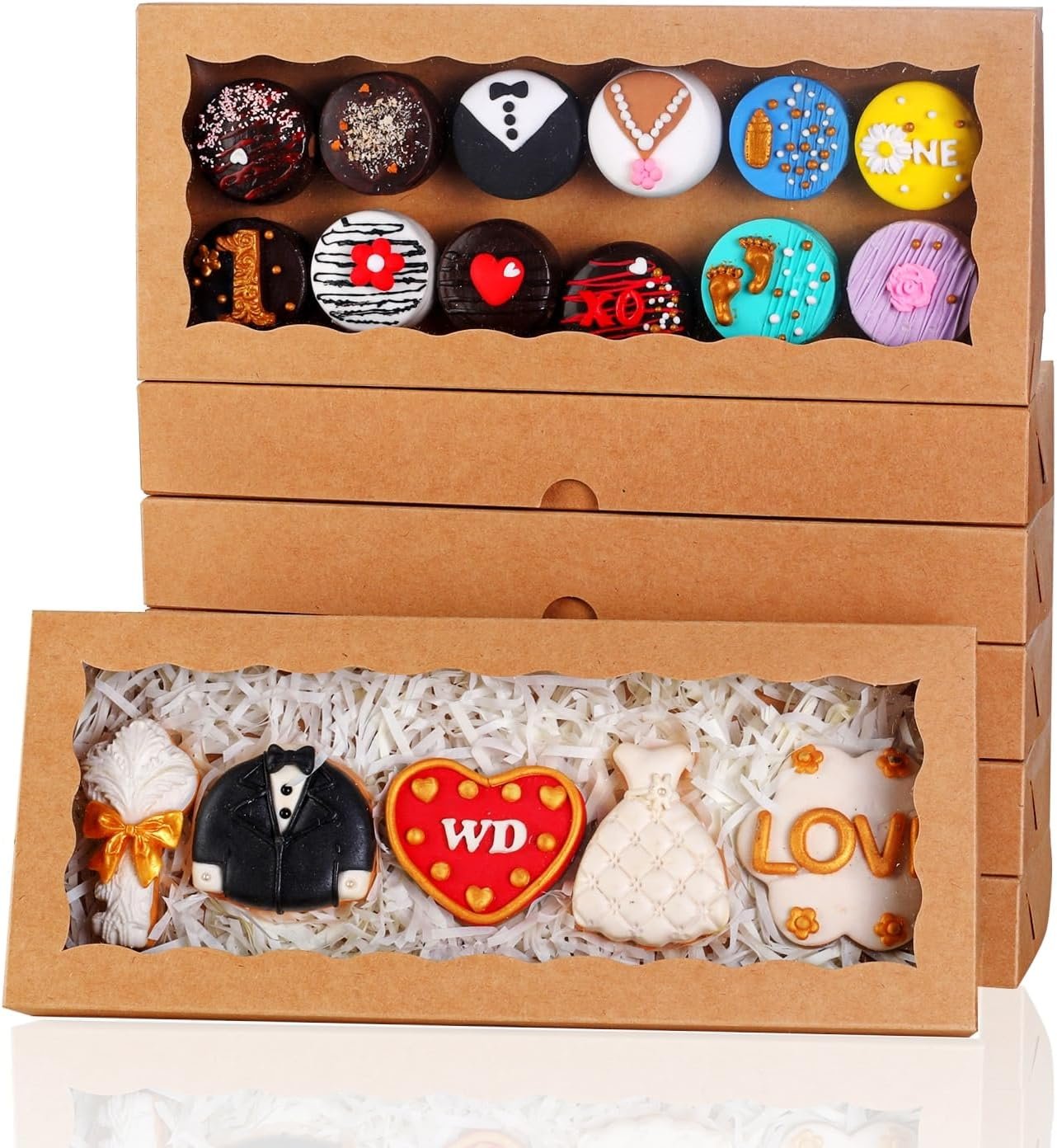 Fornitore di Scatole da Pasticceria Bianche con Finestra 15PCS 12x5x1.5 pollici Logo Personalizzato per Biscotti Tartufi Cioccolato Macaron Cakesicle Brownies Dolcetti Marchio Bianco Natale San Valentino Pasqua Festa della Mamma