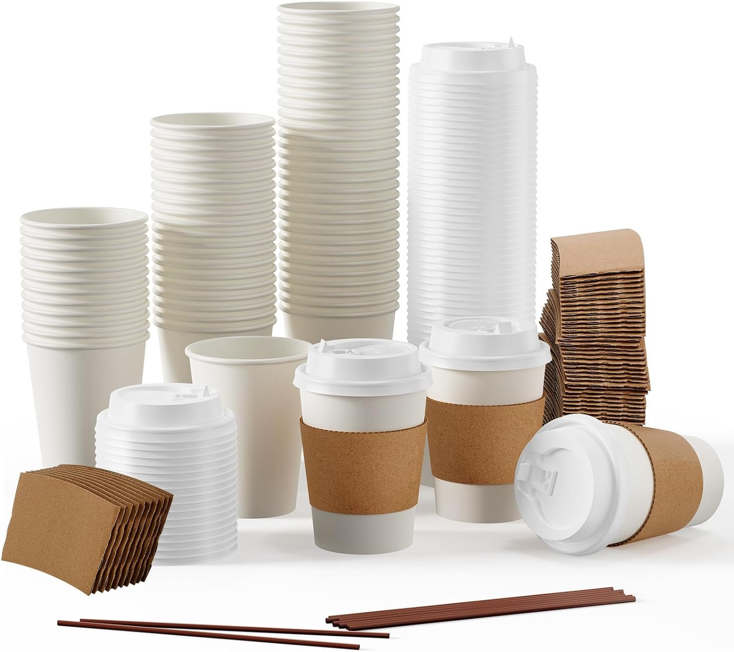 Fornitore di Tazze da Caffè in Carta da 12 oz monouso confezione da 100 con coperchi manicotti termici e bastoncini mescolatori con Logo Personalizzato per bevande calde fredde acqua succo tè Marchio Bianco per casa negozi caffè