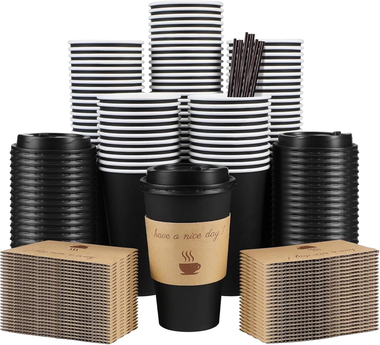 Fornitore tazze da caffè 16 oz con logo personalizzato, confezione da 100 con coperchi manichette termiche e bastoncini mescolatori monouso in carta take away per bevande calde e fredde ufficio casa negozi eventi marchio bianco (nero)