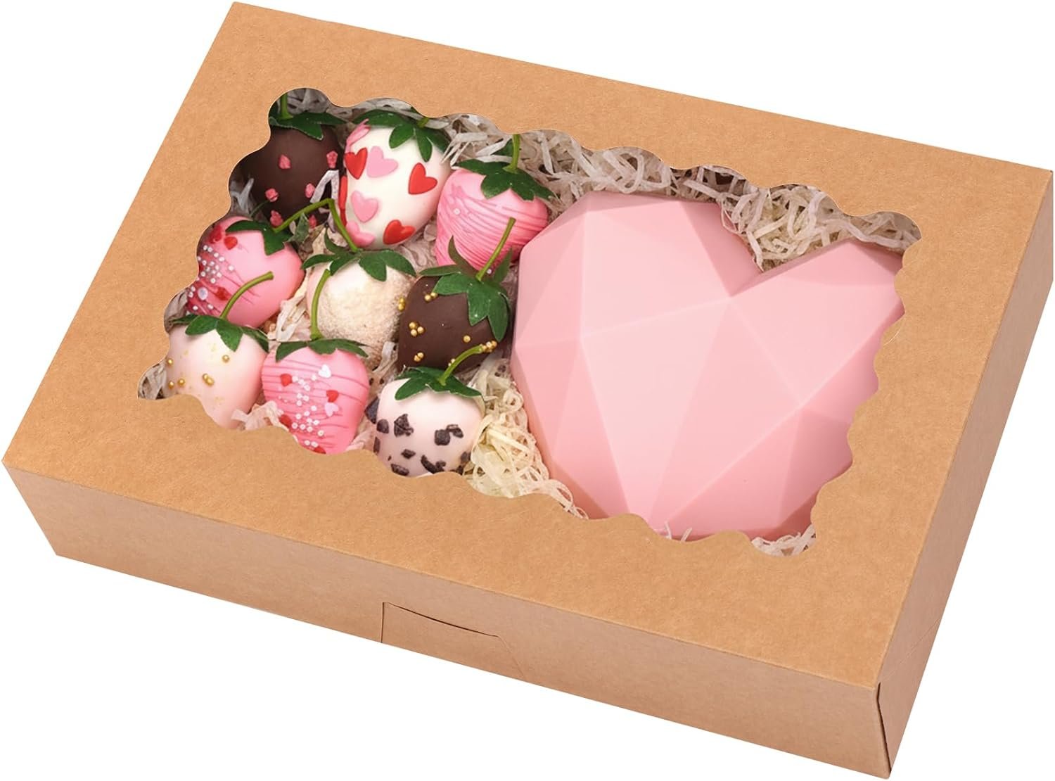 Logo Personalizzato 15pz Scatole Pop-Up per Pasticceria 12x8x2.5 Pollici con Finestra per Fragole Ricoperte di Cioccolato Donuts Pasticcini Marchio Bianco dal Produttore Marrone