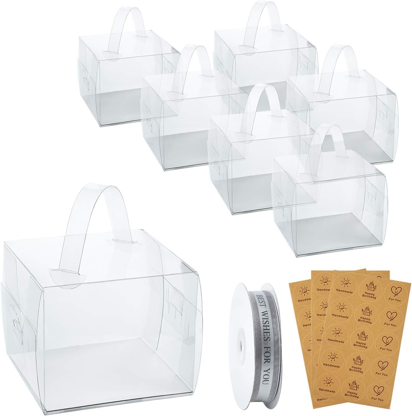 Logo Personalizzato 25 Pz Scatole per Torte Trasparenti 5x5x4 Inch con Maniglia per Pasticceria Bomboniere Biscotti Confetti, Marchio Bianco per Festa Torte Crostata Dolci, Fornitore Compleanno Matrimonio