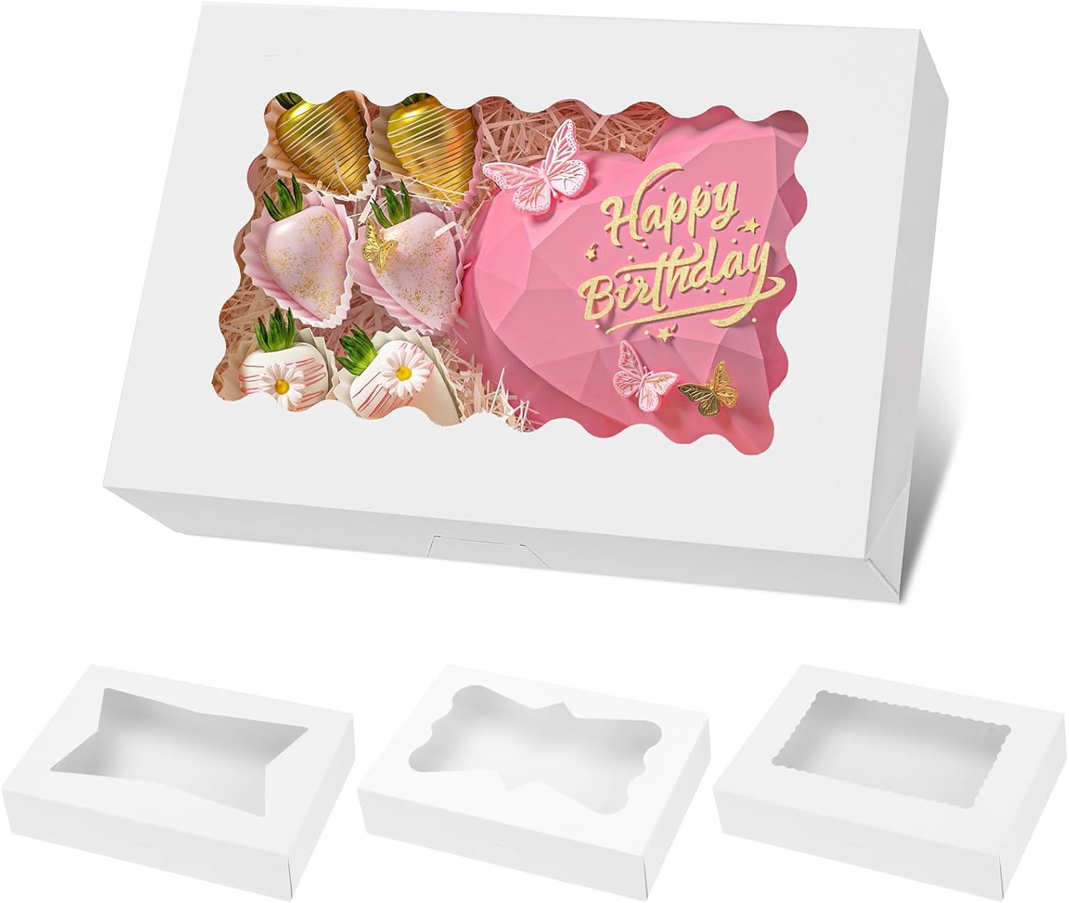 Logo Personalizzato 30 pz Scatole da Pasticceria 12x8x2.5 Pollici Auto-Popup con 3 Stili Finestre dal Produttore per Fragole al Cioccolato Donuts Pasticcini Marchio Bianco