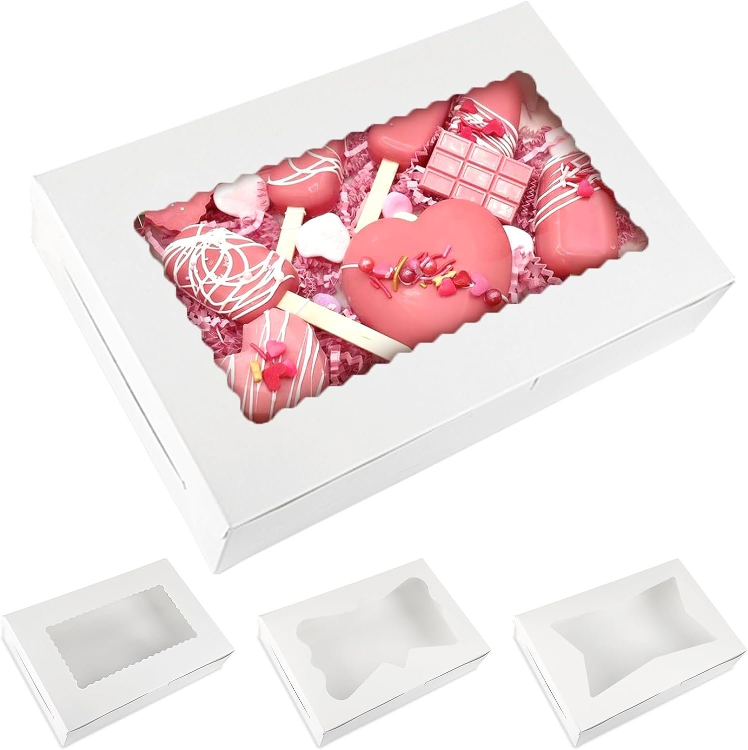 Logo Personalizzato 48 Scatole da Pasticceria 12x8x2.5 Pollici con Finestra in 3 Stili per Fragole Ricoperte di Cioccolato Dolci e Biscotti dal Fornitore con 4 Adesivi Marchio Bianco