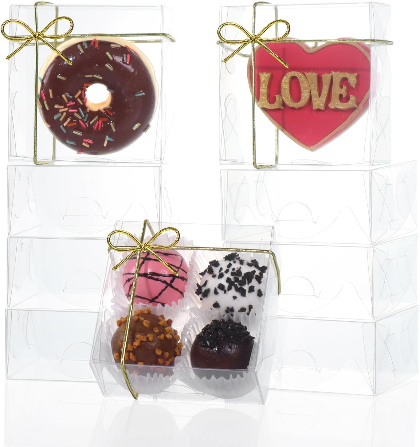 Logo Personalizzato 50PCS Scatole Trasparenti per Biscotti 3.3X3.3X1.5inch con Marchio Bianco Ideali per Gioielli Artigianato Dolcetti Oreo Sapone Macaron Tartufi Cioccolato Donut Brownie Bomboniere dal Fornitore