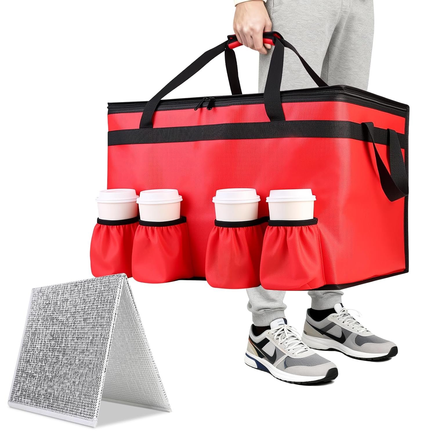 Logo Personalizzato Borsa Termica per Consegna Cibo 4 Portabicchieri Rinforzo Fondo XXX-Large Marchio Bianco Mantiene Alimenti Caldo/Freddo Portabevande Catering Eventi Rossa del Produttore