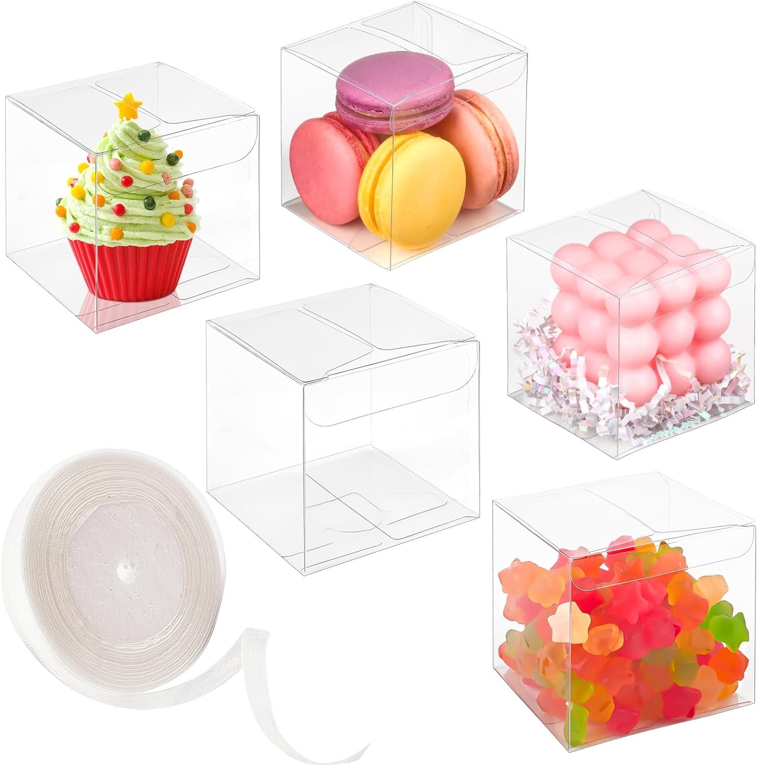 Logo Personalizzato Confezione 45 Scatoline Trasparenti Cubo 3x3x3 Pollici con Nastri per Caramelle Bomboniere Regali Bombe Cacao Marchio Bianco Produttore
