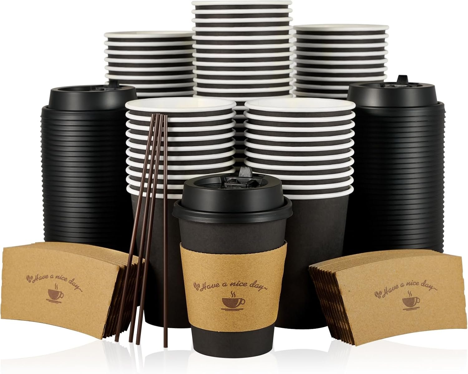 Logo Personalizzato Confezione da 100 Bicchieri Carta 12 oz Neri Monouso con Coperchi Maniche Termiche Bastoncini per Caffè e Cioccolata Calda dal Produttore per Marchio Bianco