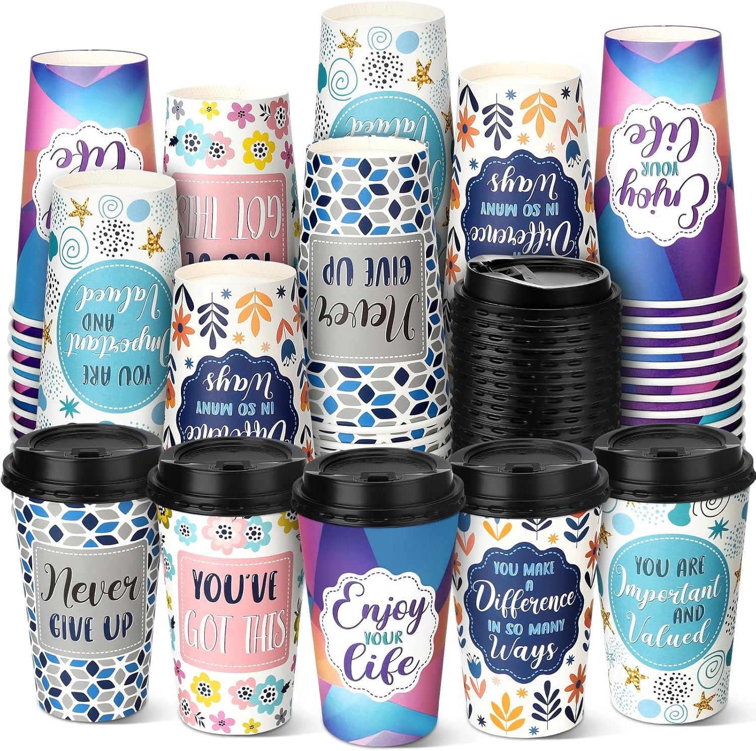 Logo Personalizzato Confezione da 100 Tazze di Carta Monouso da 16 oz con Coperchi Motivazionali 5 Citazioni Marchio Bianco dal Produttore