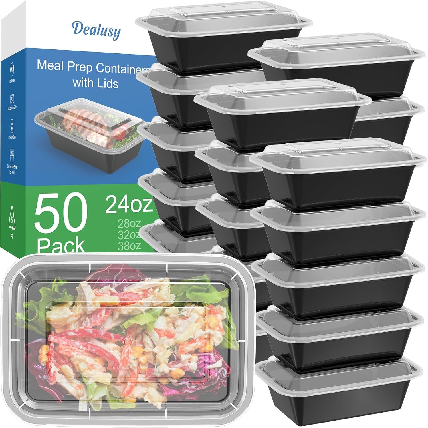 Logo Personalizzato Confezione da 50 (100 Pezzi) Contenitori Meal Prep da 24 oz Riutilizzabili con Coperchi Robusti a Tenuta Stagna Sicuri per Alimenti Adatti a Microonde Congelatore Lavastoviglie per Asporto e Conservazione Alimenti in Plastica Marchio Bianco dal Produttore