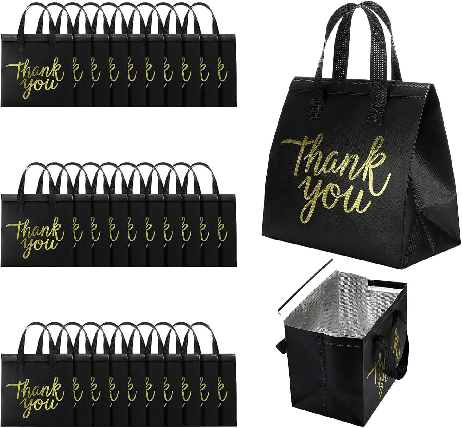 Logo Personalizzato Confezione da 80 Borse Termiche Isolate per Spesa, Buste per Consegne Cibo Catering Monouso Frigorifere e Tote per Viaggi Picnic Nero con Grazie Oro per Marchio Bianco dal Fornitore
