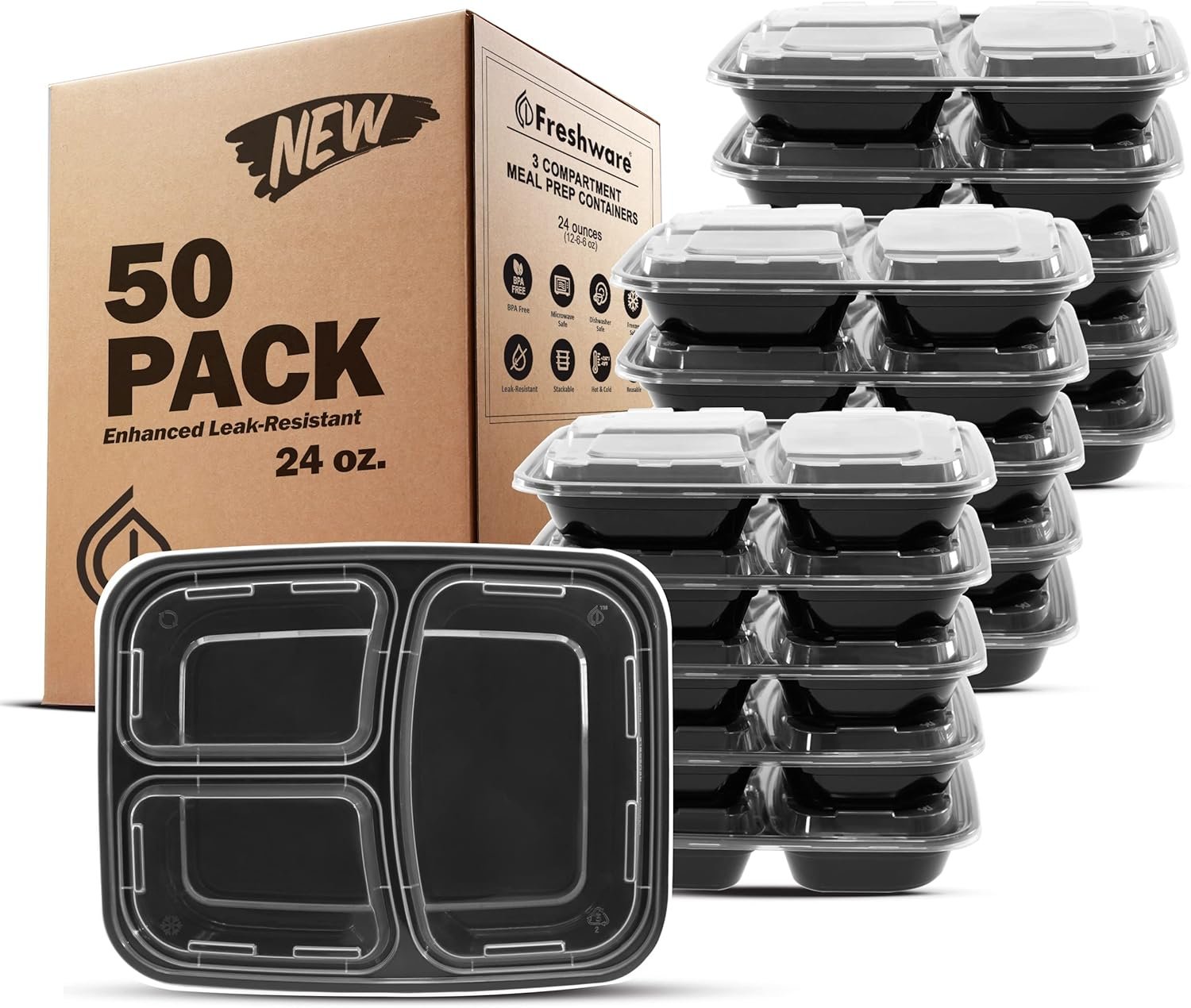 Logo Personalizzato Contenitori Meal Prep [50 pz] 3 Scomparti con Coperchi Marchio Bianco Bento Box Senza BPA Impilabili Microonde/Lavastoviglie/Congelatore del Produttore (24 oz)