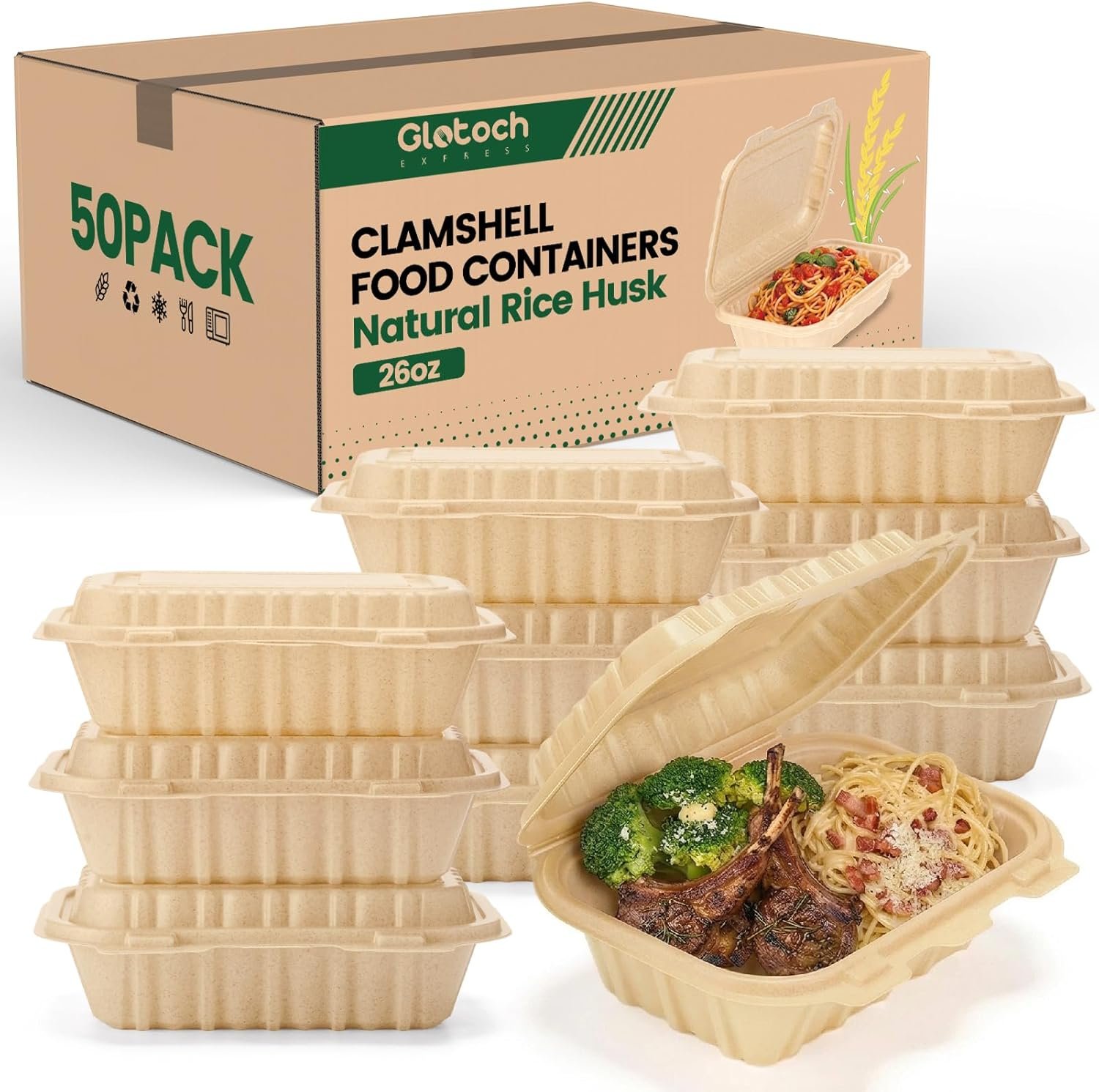 Logo Personalizzato Contenitori per Alimenti a Conchiglia con Coperchi Confezione da 50 26oz Scatole Asporto Monouso dal Produttore in Lolla di Riso Naturale Resistenti per Pasta Insalata Sandwich Adatti Microonde Congelatore Marchio Bianco