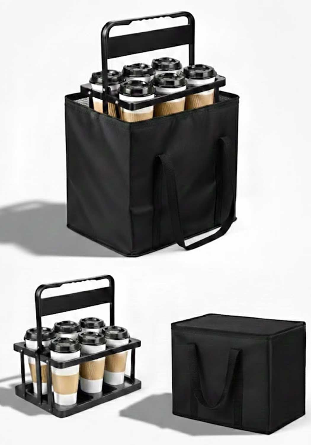 Logo Personalizzato Portabevande Isolati Neri per Consegne Borsa Riutilizzabile con Manico per Bevande e Cibi Caldi o Freddi Produttore Marchio Bianco